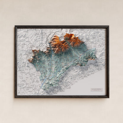 Mapa de relieve del Vallès Oriental, con el territorio en color y el entorno en blanco. Presentación con marco. 30 × 40 cm. Estilo Azul y naranja.