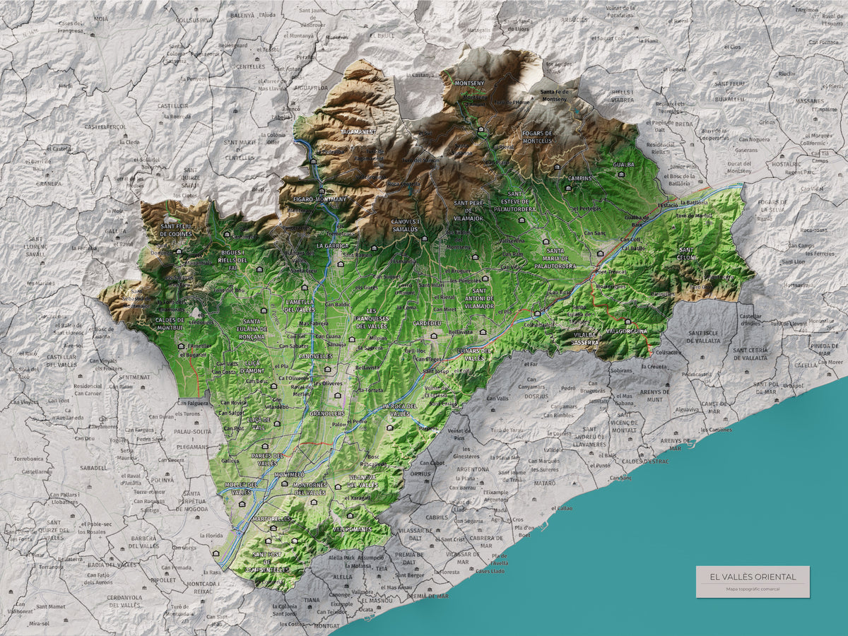 Mapa de relieve del Vallès Oriental, con el territorio en color y el entorno en blanco. Vista completa de la lámina. 30 × 40 cm. Estilo Clásico.