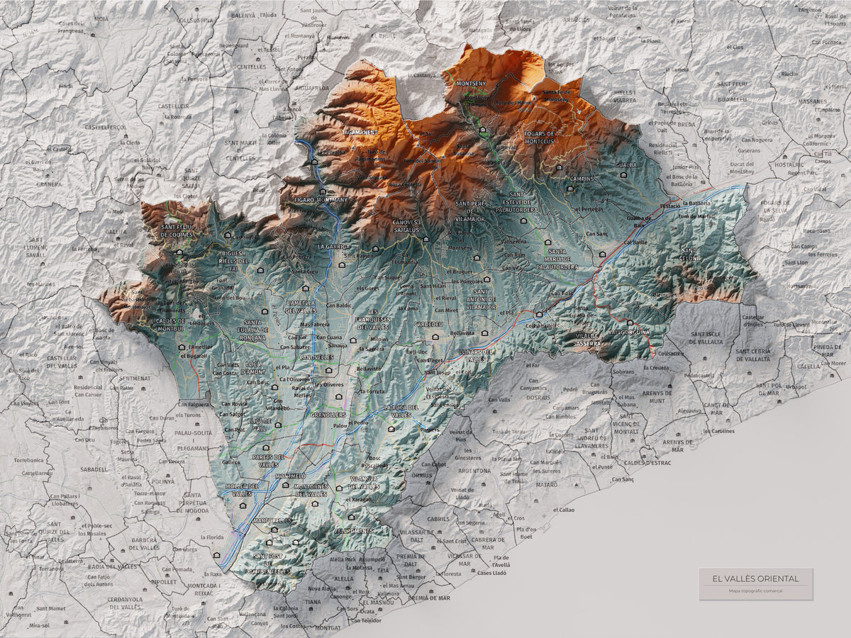Mapa de relieve del Vallès Oriental, con el territorio en color y el entorno en blanco. Vista completa de la lámina. 30 × 40 cm. Estilo Azul y naranja.