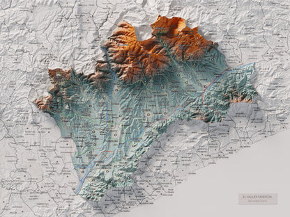 Mapa de relieve del Vallès Oriental, con el territorio en color y el entorno en blanco. Vista completa de la lámina. 30 × 40 cm. Estilo Azul y naranja.