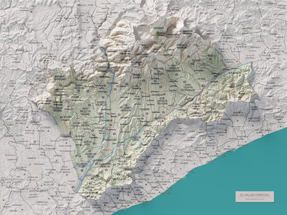 Mapa de relieve del Vallès Oriental, con el territorio en color y el entorno en blanco. Vista completa de la lámina. 30 × 40 cm. Estilo Cartográfico.