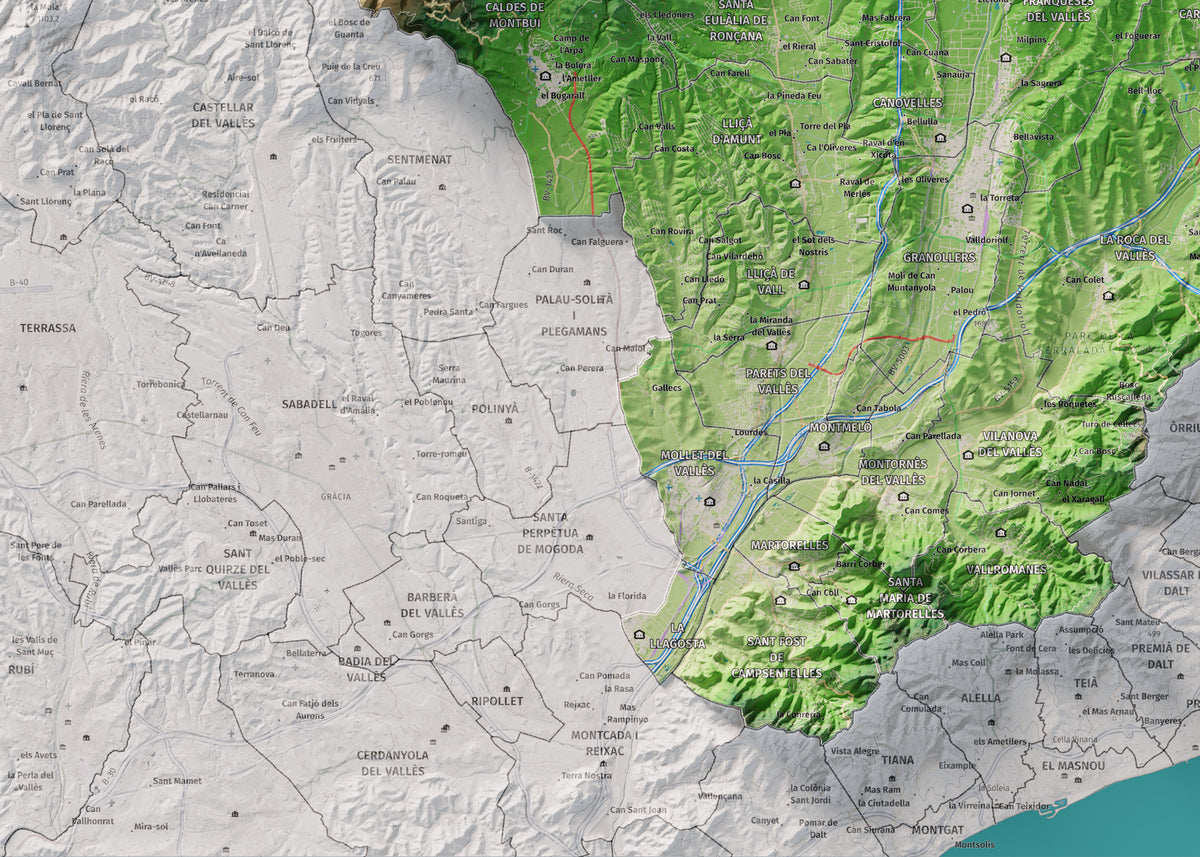 Mapa de relieve del Vallès Oriental, con el territorio en color y el entorno en blanco. Detalle de la zona inferior izquierda. 50 × 70 cm. Estilo Clásico.
