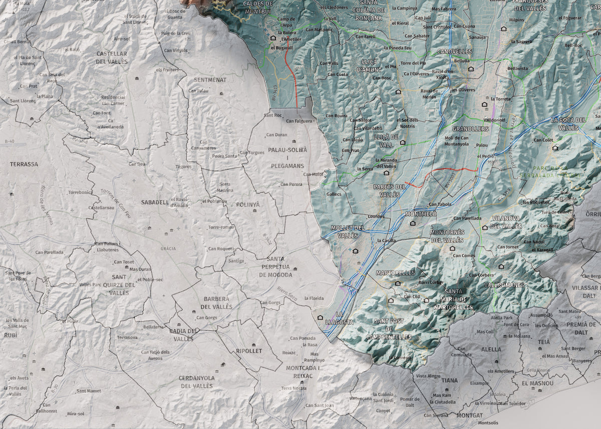 Mapa de relieve del Vallès Oriental, con el territorio en color y el entorno en blanco. Detalle de la zona inferior izquierda. 50 × 70 cm. Estilo Azul y naranja.