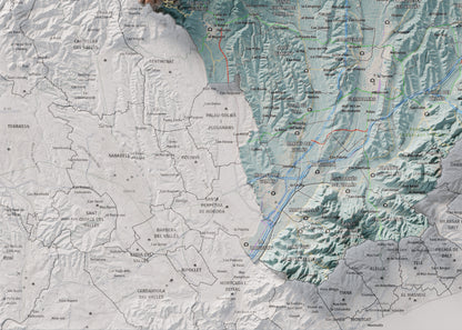 Mapa de relieve del Vallès Oriental, con el territorio en color y el entorno en blanco. Detalle de la zona inferior izquierda. 50 × 70 cm. Estilo Azul y naranja.