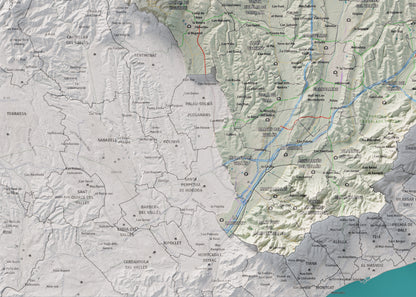 Mapa de relieve del Vallès Oriental, con el territorio en color y el entorno en blanco. Detalle de la zona inferior izquierda. 50 × 70 cm. Estilo Cartográfico.