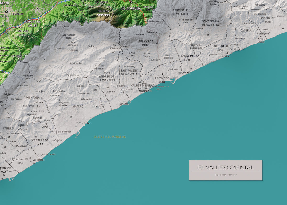 Mapa de relieve del Vallès Oriental, con el territorio en color y el entorno en blanco. Detalle de la zona inferior derecha. 50 × 70 cm. Estilo Clásico.