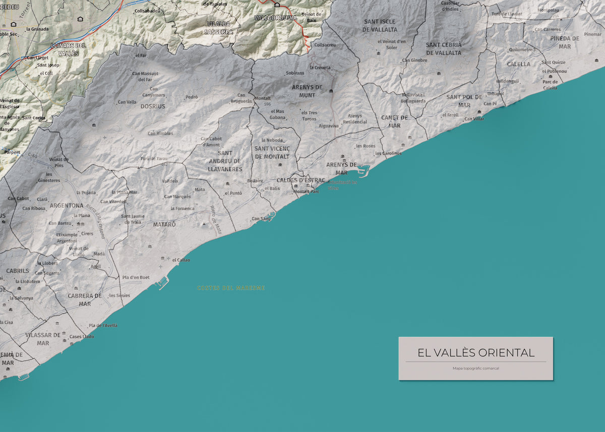 Mapa de relieve del Vallès Oriental, con el territorio en color y el entorno en blanco. Detalle de la zona inferior derecha. 50 × 70 cm. Estilo Cartográfico.