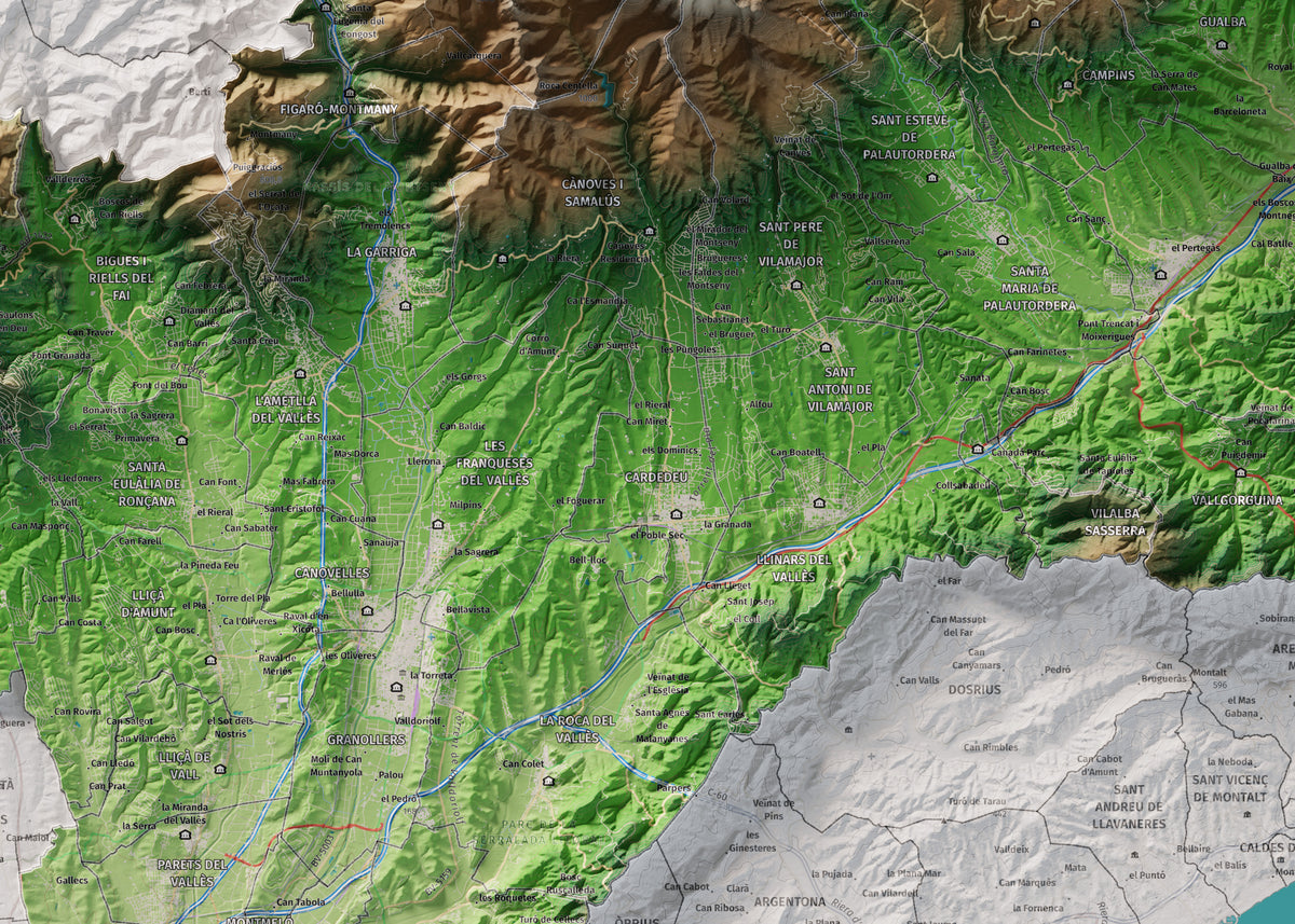Mapa de relieve del Vallès Oriental, con el territorio en color y el entorno en blanco. Detalle de la zona central. 50 × 70 cm. Estilo Clásico.