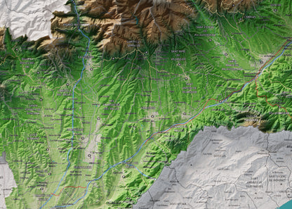 Mapa de relieve del Vallès Oriental, con el territorio en color y el entorno en blanco. Detalle de la zona central. 50 × 70 cm. Estilo Clásico.