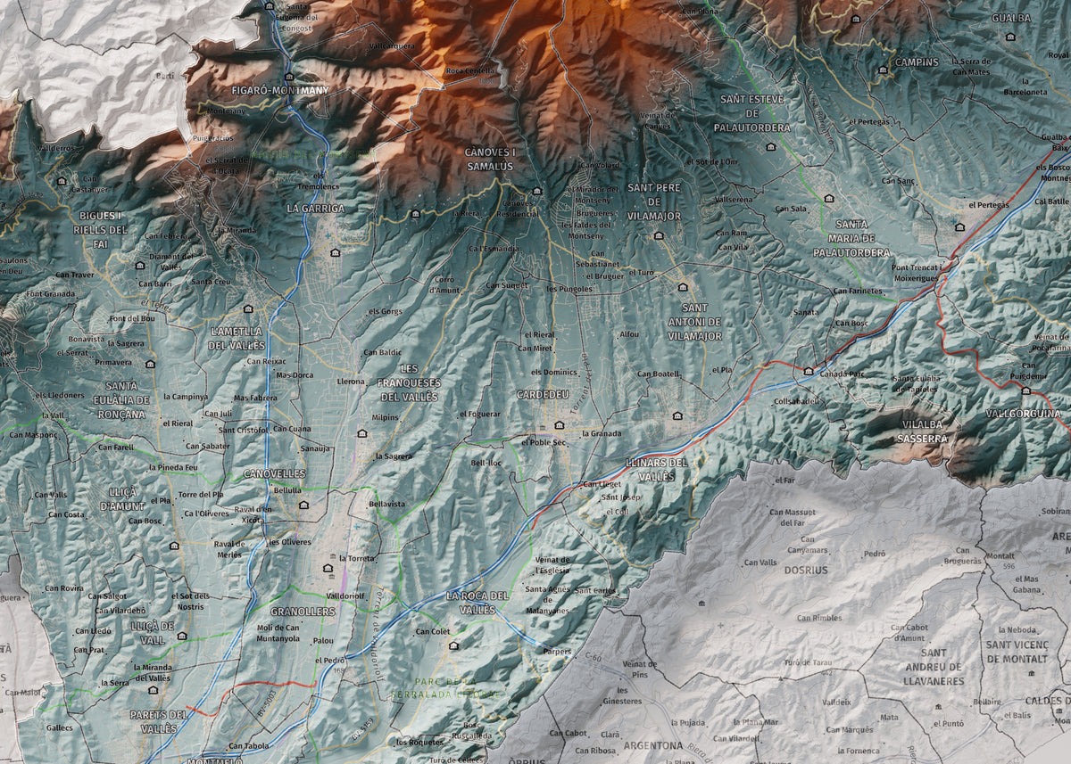 Mapa de relieve del Vallès Oriental, con el territorio en color y el entorno en blanco. Detalle de la zona central. 50 × 70 cm. Estilo Azul y naranja.