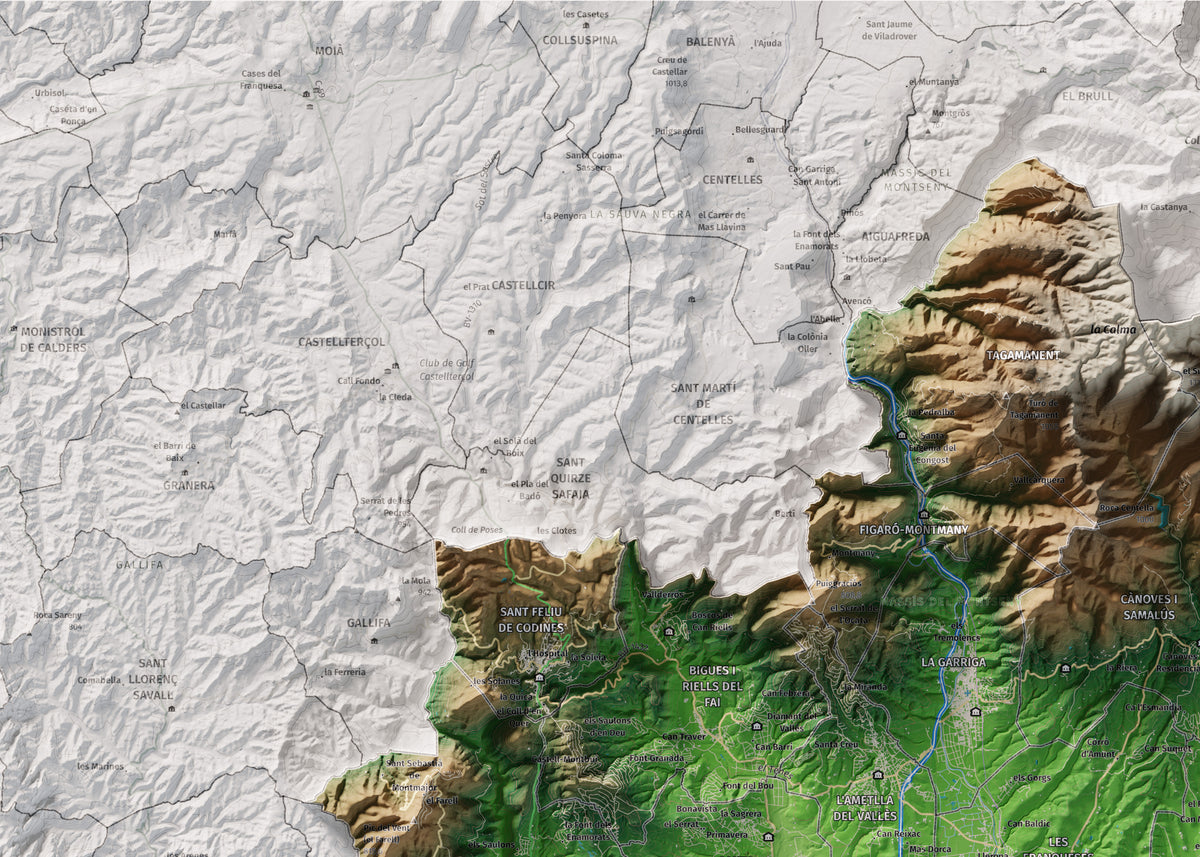 Mapa de relieve del Vallès Oriental, con el territorio en color y el entorno en blanco. Detalle de la zona superior izquierda. 50 × 70 cm. Estilo Clásico.