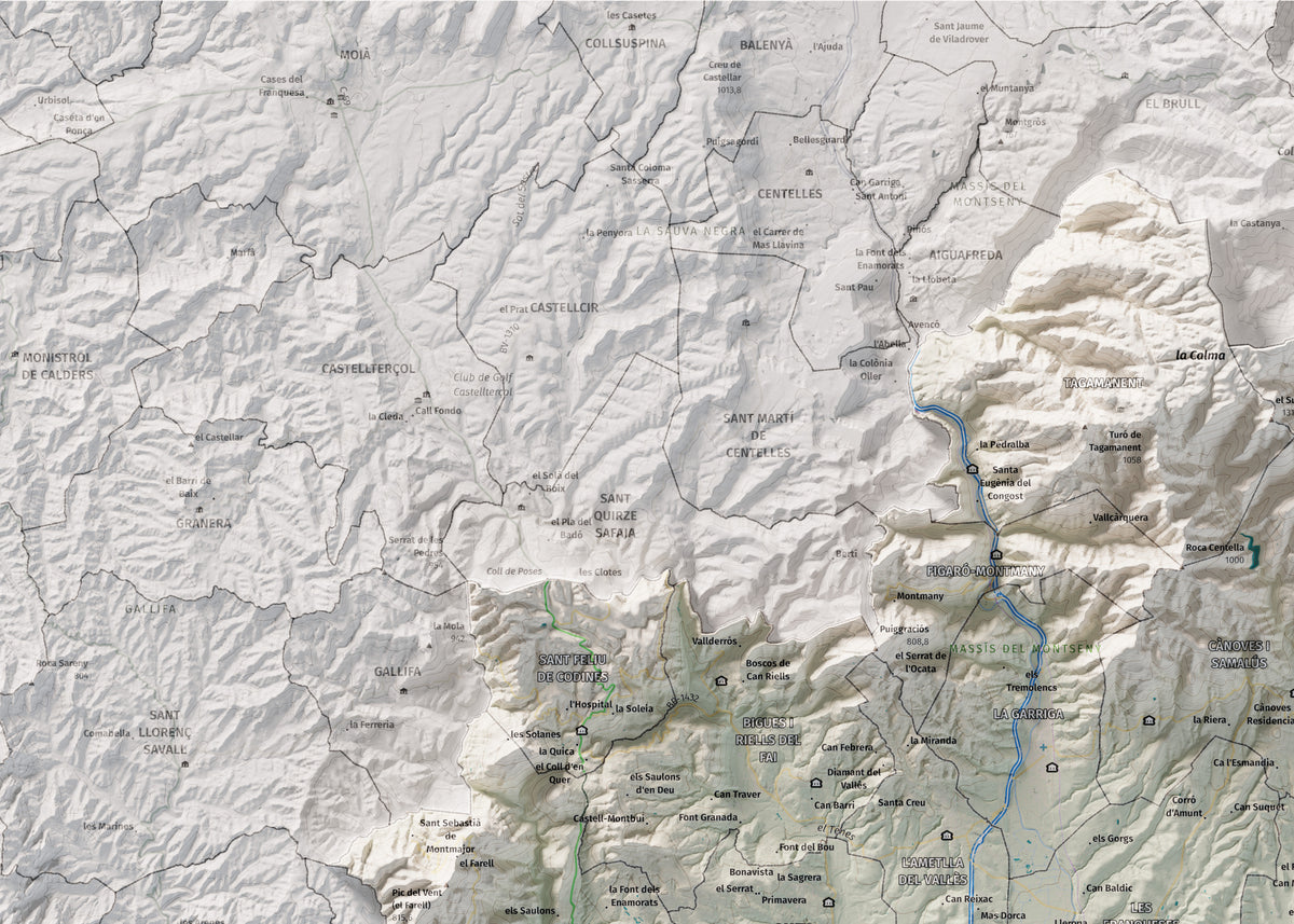 Mapa de relieve del Vallès Oriental, con el territorio en color y el entorno en blanco. Detalle de la zona superior izquierda. 50 × 70 cm. Estilo Cartográfico.