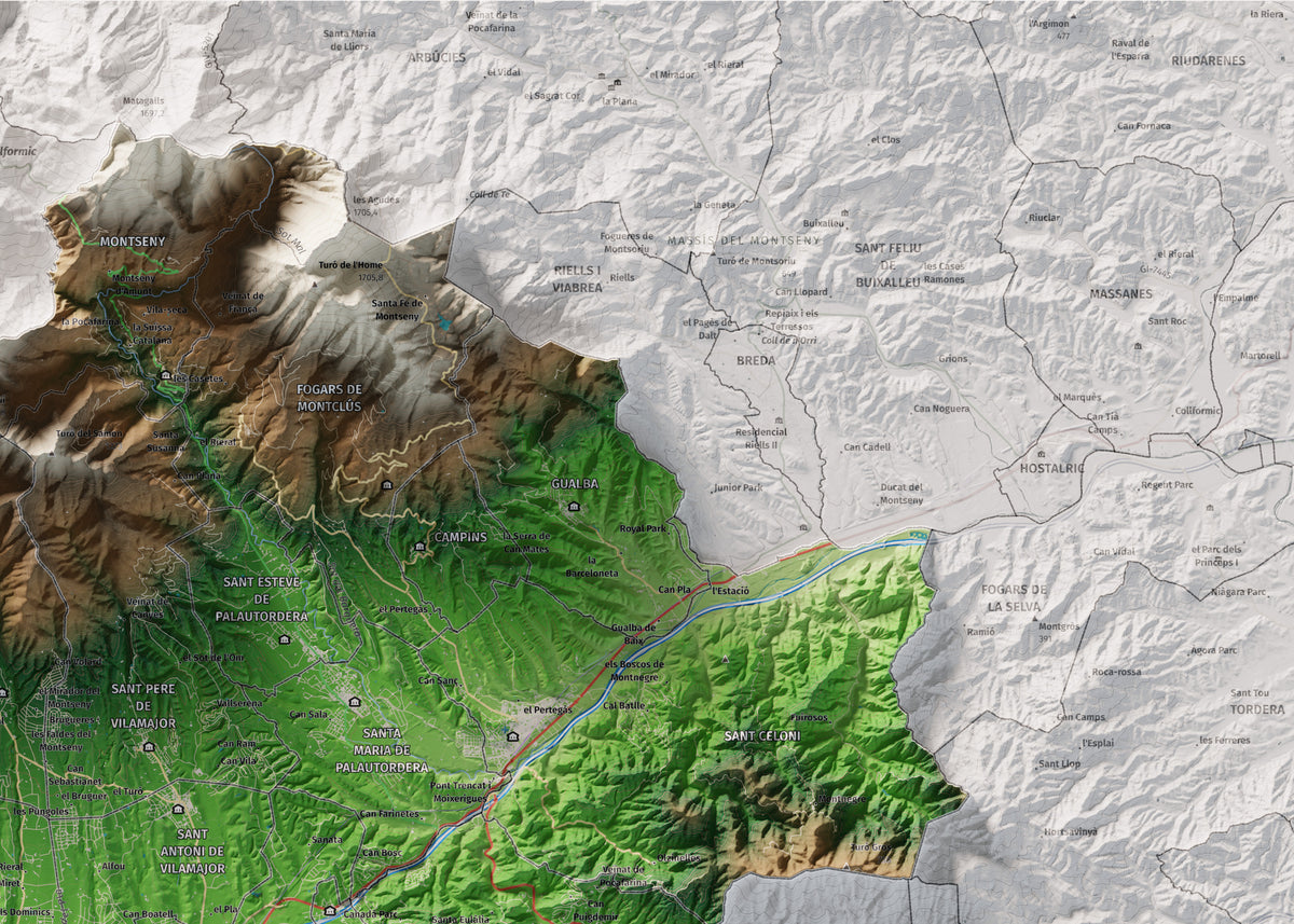Mapa de relieve del Vallès Oriental, con el territorio en color y el entorno en blanco. Detalle de la zona superior derecha. 50 × 70 cm. Estilo Clásico.