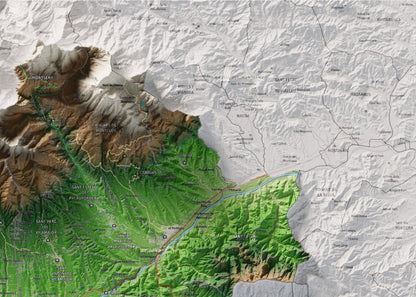 Mapa de relieve del Vallès Oriental, con el territorio en color y el entorno en blanco. Detalle de la zona superior derecha. 50 × 70 cm. Estilo Clásico.