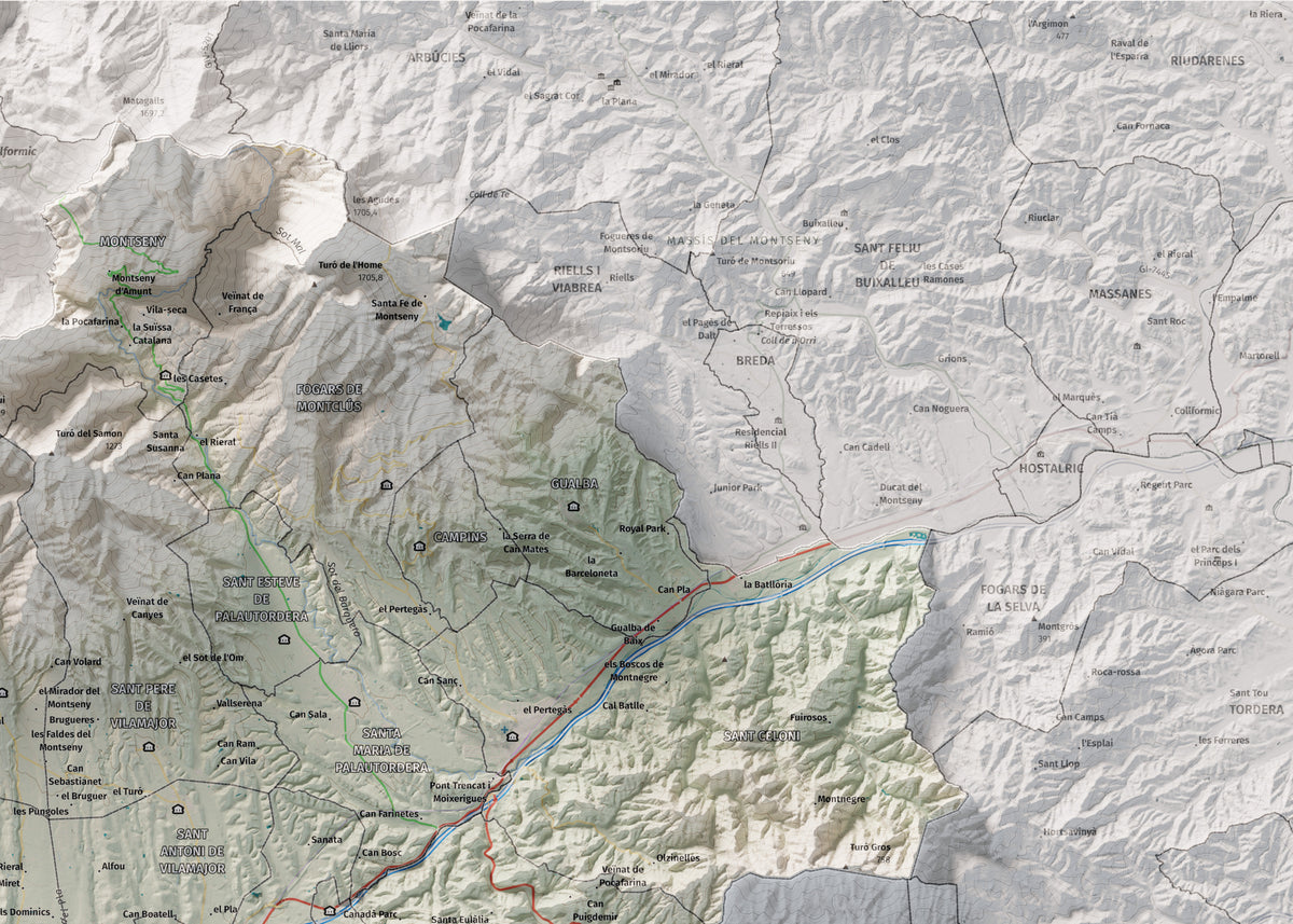 Mapa de relieve del Vallès Oriental, con el territorio en color y el entorno en blanco. Detalle de la zona superior derecha. 50 × 70 cm. Estilo Cartográfico.