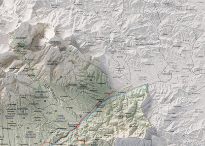 Mapa de relieve del Vallès Oriental, con el territorio en color y el entorno en blanco. Detalle de la zona superior derecha. 50 × 70 cm. Estilo Cartográfico.