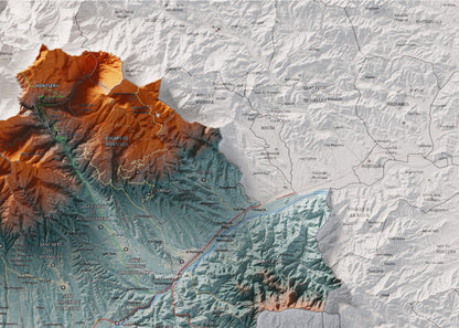 Mapa de relieve del Vallès Oriental, con el territorio en color y el entorno en blanco. Detalle de la zona superior derecha. 50 × 70 cm. Estilo Azul y naranja.