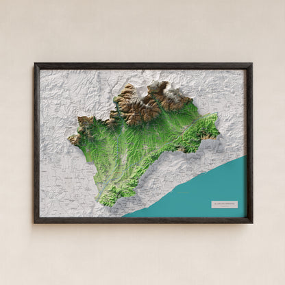 Mapa de relieve del Vallès Oriental, con el territorio en color y el entorno en blanco. Presentación con marco. 50 × 70 cm. Estilo Clásico.