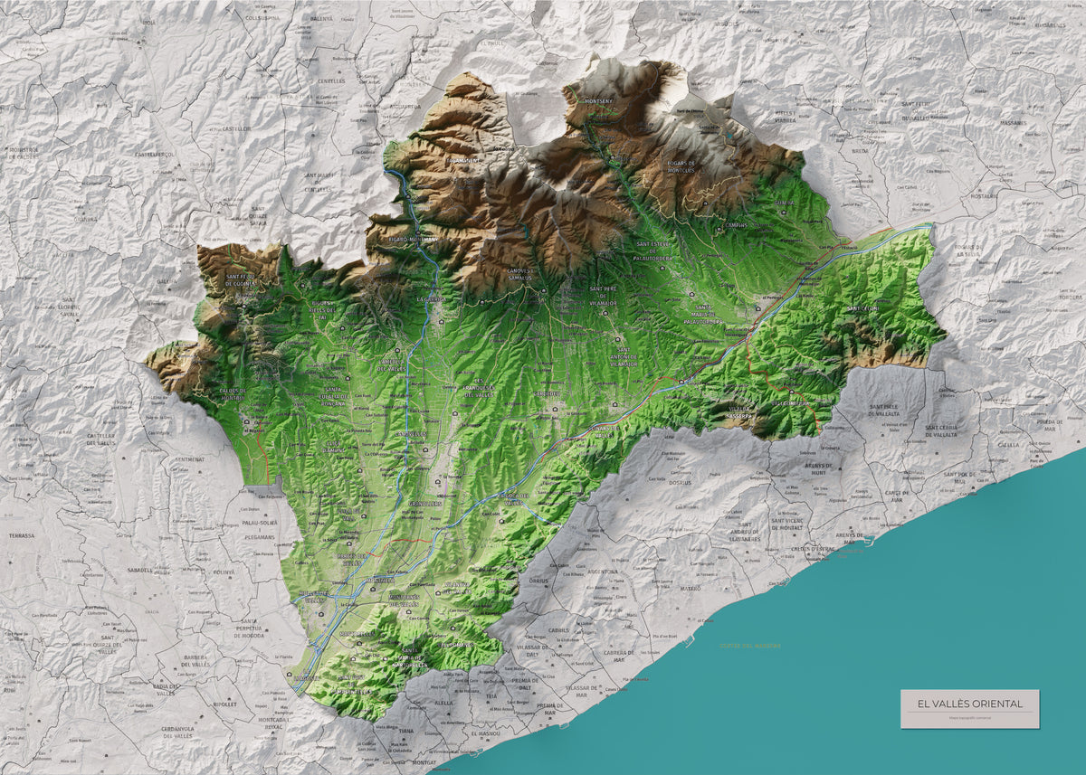 Mapa de relieve del Vallès Oriental, con el territorio en color y el entorno en blanco. Vista completa de la lámina. 50 × 70 cm. Estilo Clásico.