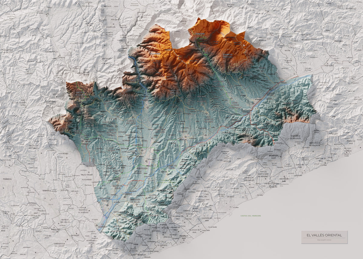 Mapa de relieve del Vallès Oriental, con el territorio en color y el entorno en blanco. Vista completa de la lámina. 50 × 70 cm. Estilo Azul y naranja.