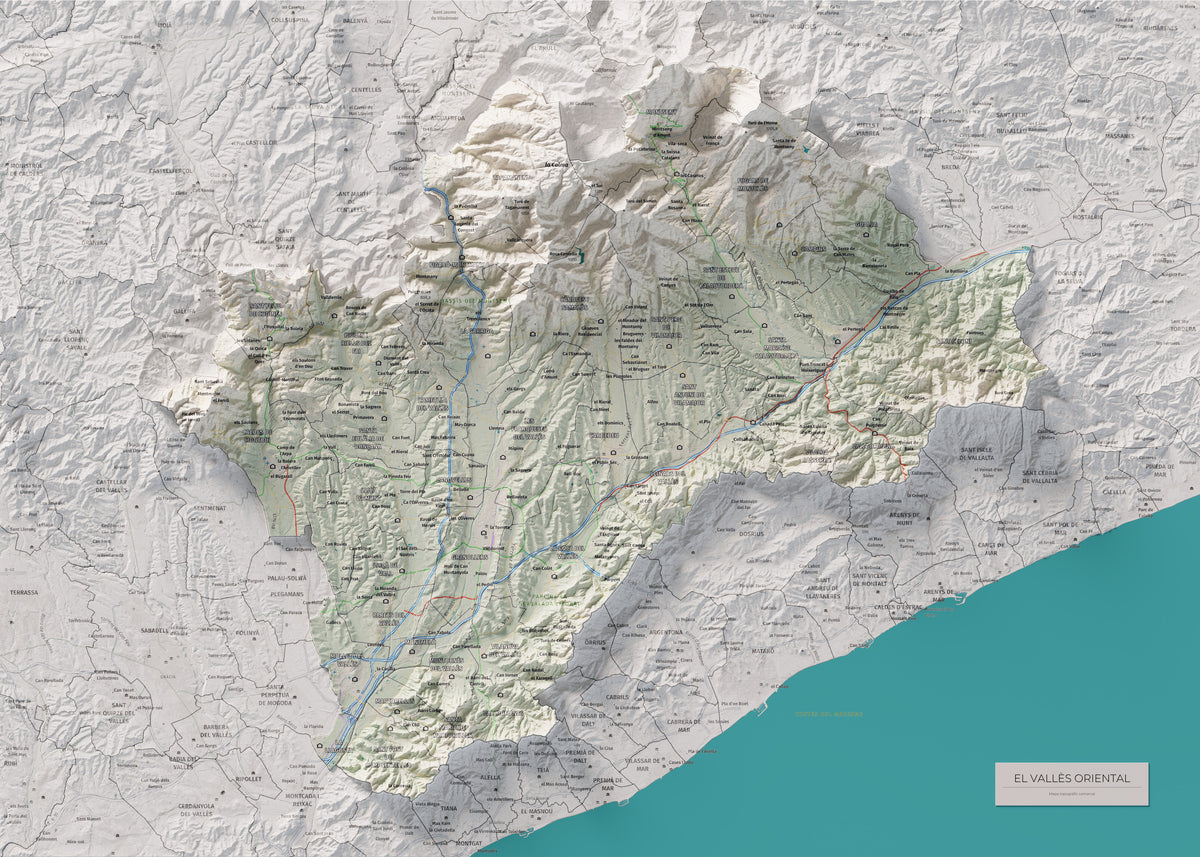 Mapa de relieve del Vallès Oriental, con el territorio en color y el entorno en blanco. Vista completa de la lámina. 50 × 70 cm. Estilo Cartográfico.