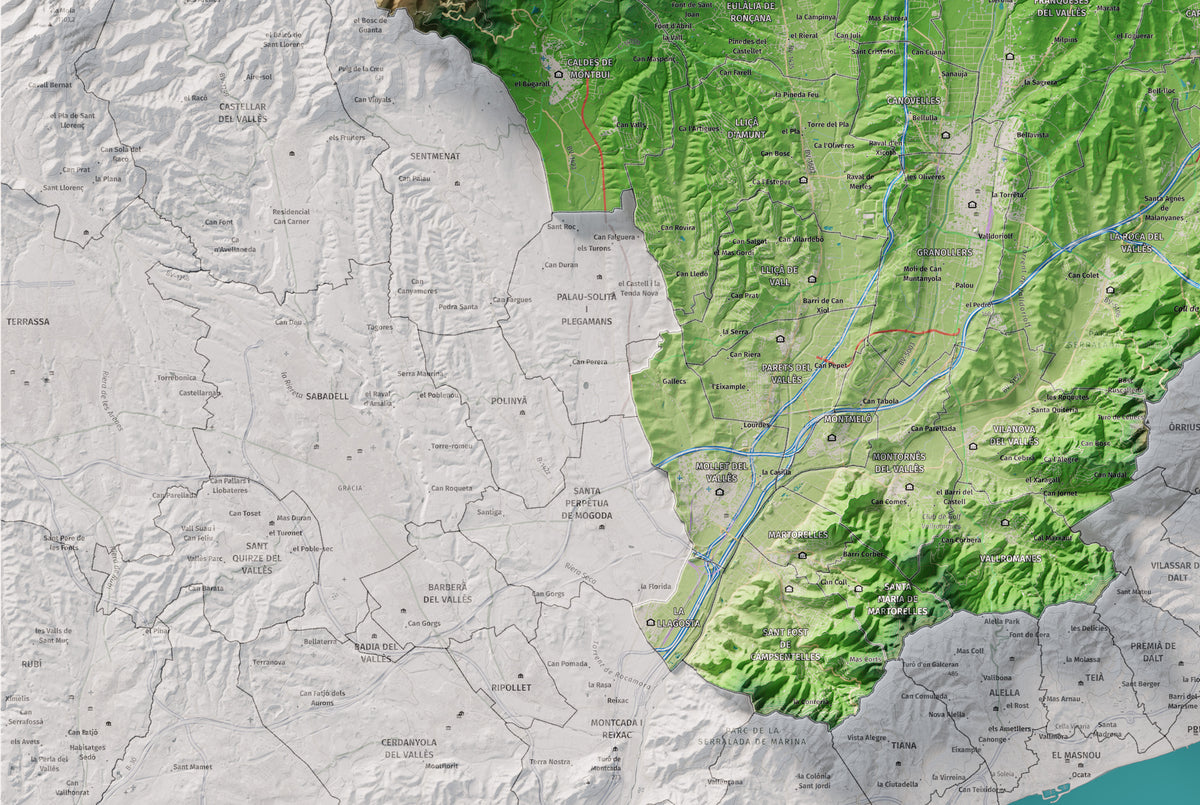 Mapa de relieve del Vallès Oriental, con el territorio en color y el entorno en blanco. Detalle de la zona inferior izquierda. 61 × 91 cm. Estilo Clásico.