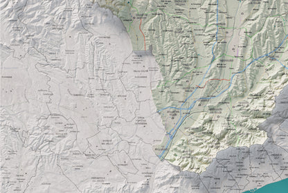 Mapa de relieve del Vallès Oriental, con el territorio en color y el entorno en blanco. Detalle de la zona inferior izquierda. 61 × 91 cm. Estilo Cartográfico.