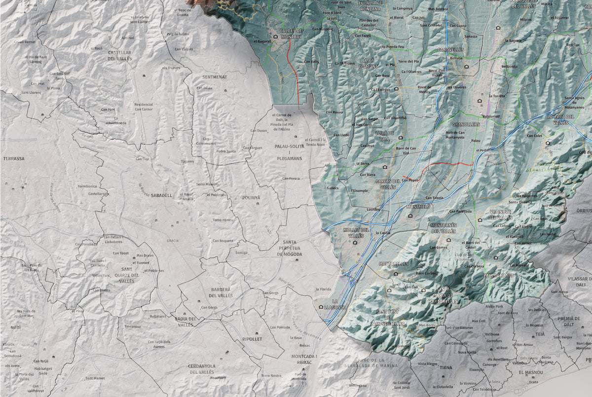 Mapa de relieve del Vallès Oriental, con el territorio en color y el entorno en blanco. Detalle de la zona inferior izquierda. 61 × 91 cm. Estilo Azul y naranja.