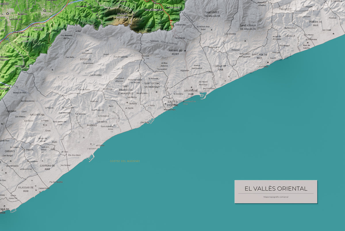 Mapa de relieve del Vallès Oriental, con el territorio en color y el entorno en blanco. Detalle de la zona inferior derecha. 61 × 91 cm. Estilo Clásico.