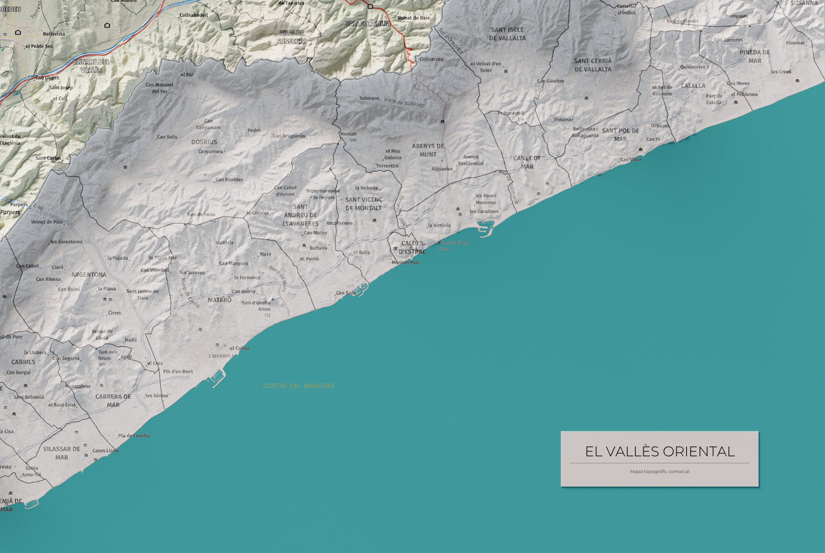 Mapa de relieve del Vallès Oriental, con el territorio en color y el entorno en blanco. Detalle de la zona inferior derecha. 61 × 91 cm. Estilo Cartográfico.