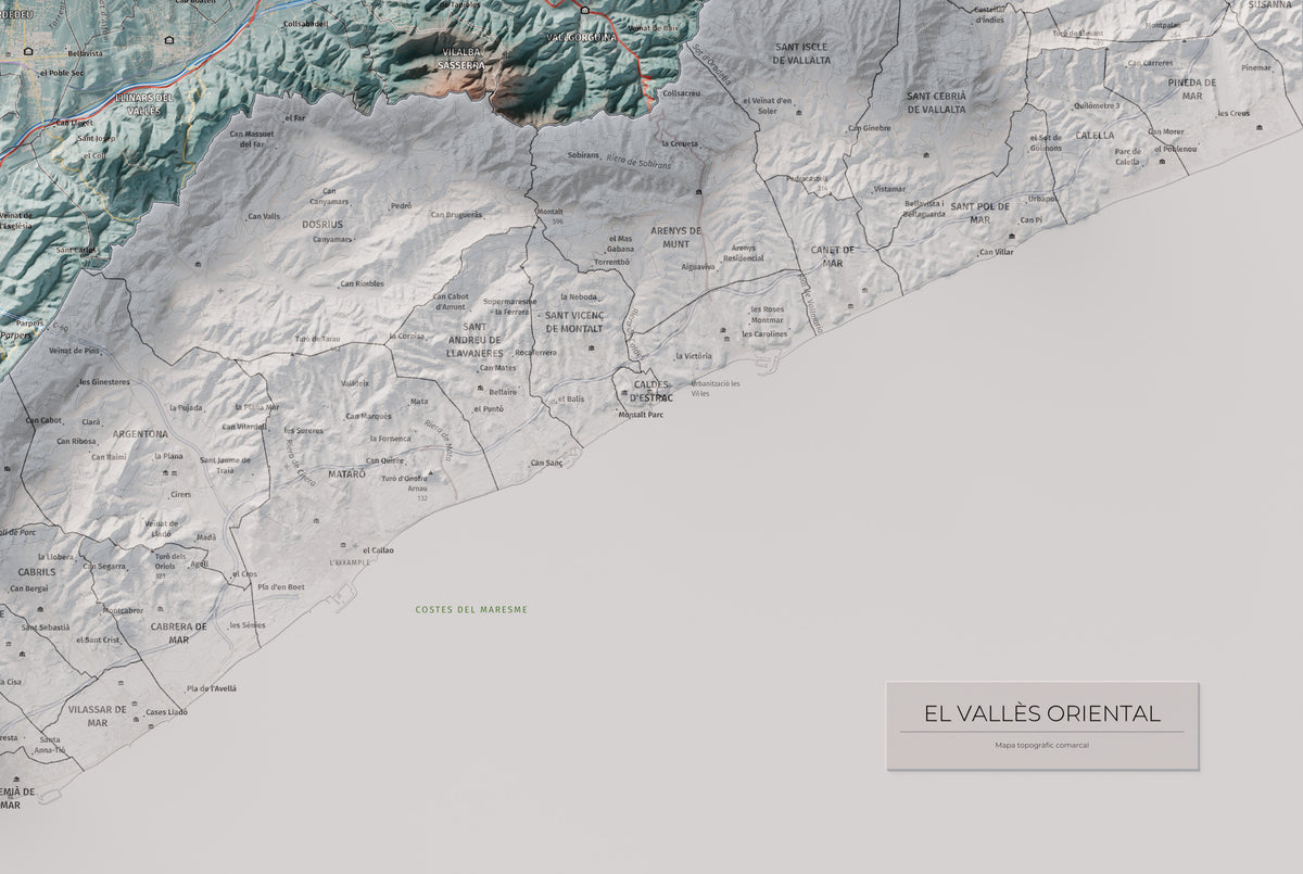 Mapa de relieve del Vallès Oriental, con el territorio en color y el entorno en blanco. Detalle de la zona inferior derecha. 61 × 91 cm. Estilo Azul y naranja.