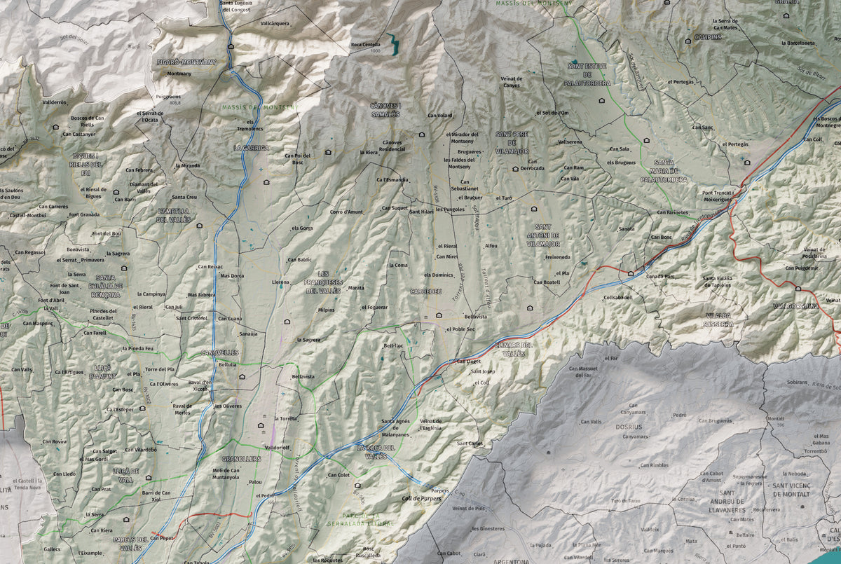Mapa de relieve del Vallès Oriental, con el territorio en color y el entorno en blanco. Detalle de la zona central. 61 × 91 cm. Estilo Cartográfico.