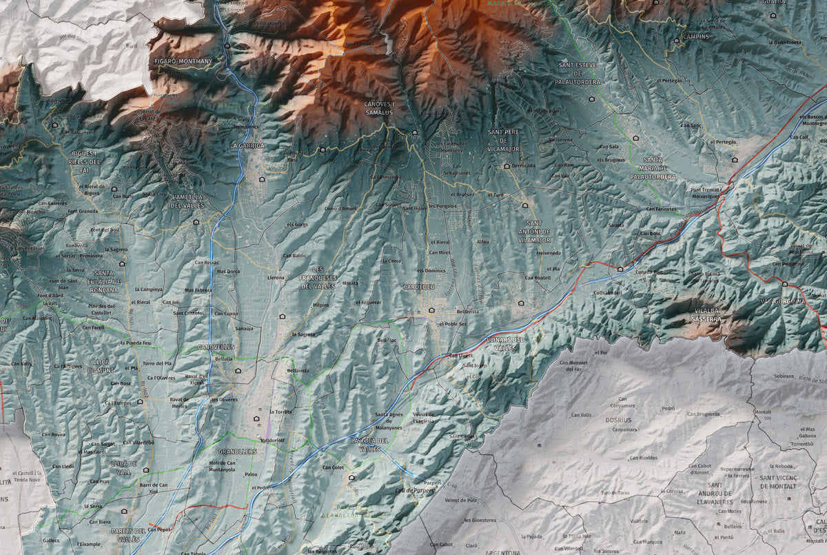 Mapa de relieve del Vallès Oriental, con el territorio en color y el entorno en blanco. Detalle de la zona central. 61 × 91 cm. Estilo Azul y naranja.