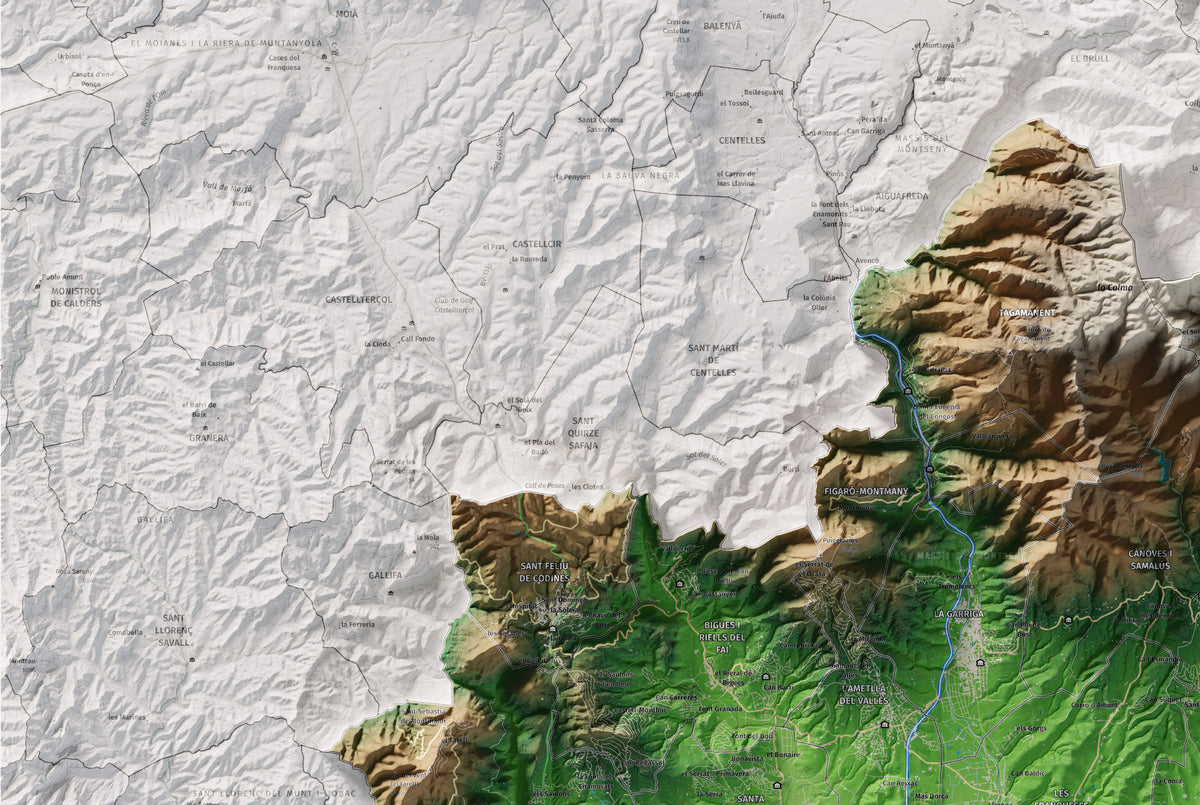 Mapa de relieve del Vallès Oriental, con el territorio en color y el entorno en blanco. Detalle de la zona superior izquierda. 61 × 91 cm. Estilo Clásico.