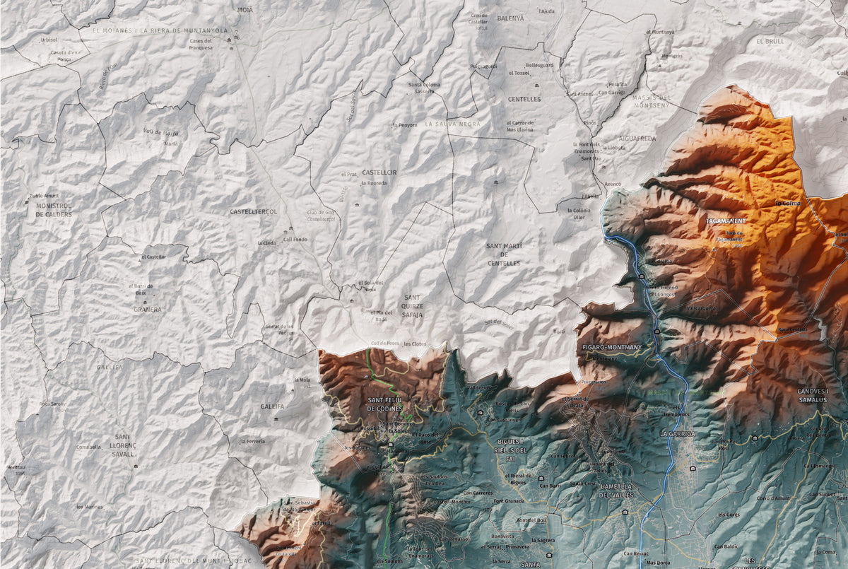 Mapa de relieve del Vallès Oriental, con el territorio en color y el entorno en blanco. Detalle de la zona superior izquierda. 61 × 91 cm. Estilo Azul y naranja.
