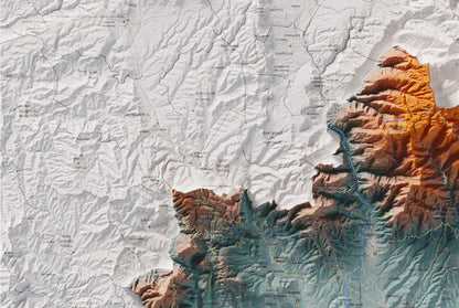 Mapa de relieve del Vallès Oriental, con el territorio en color y el entorno en blanco. Detalle de la zona superior izquierda. 61 × 91 cm. Estilo Azul y naranja.
