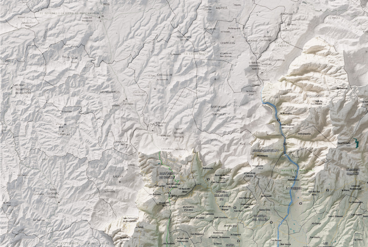 Mapa de relieve del Vallès Oriental, con el territorio en color y el entorno en blanco. Detalle de la zona superior izquierda. 61 × 91 cm. Estilo Cartográfico.