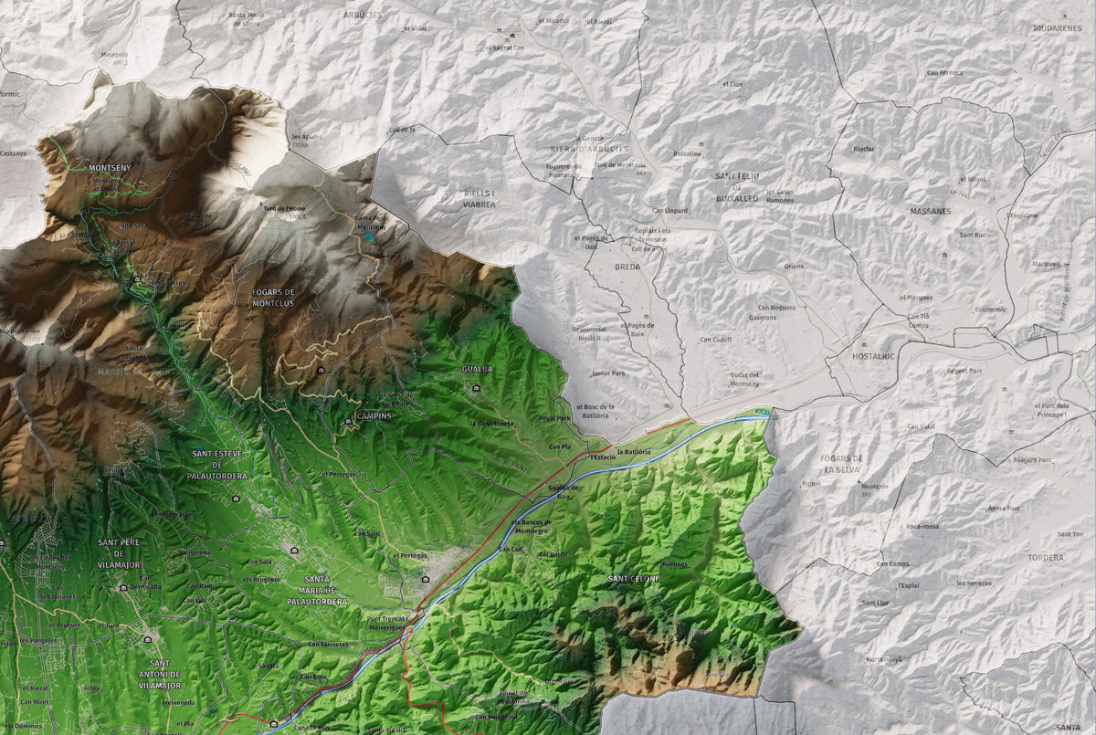 Mapa de relieve del Vallès Oriental, con el territorio en color y el entorno en blanco. Detalle de la zona superior derecha. 61 × 91 cm. Estilo Clásico.