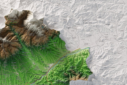 Mapa de relieve del Vallès Oriental, con el territorio en color y el entorno en blanco. Detalle de la zona superior derecha. 61 × 91 cm. Estilo Clásico.
