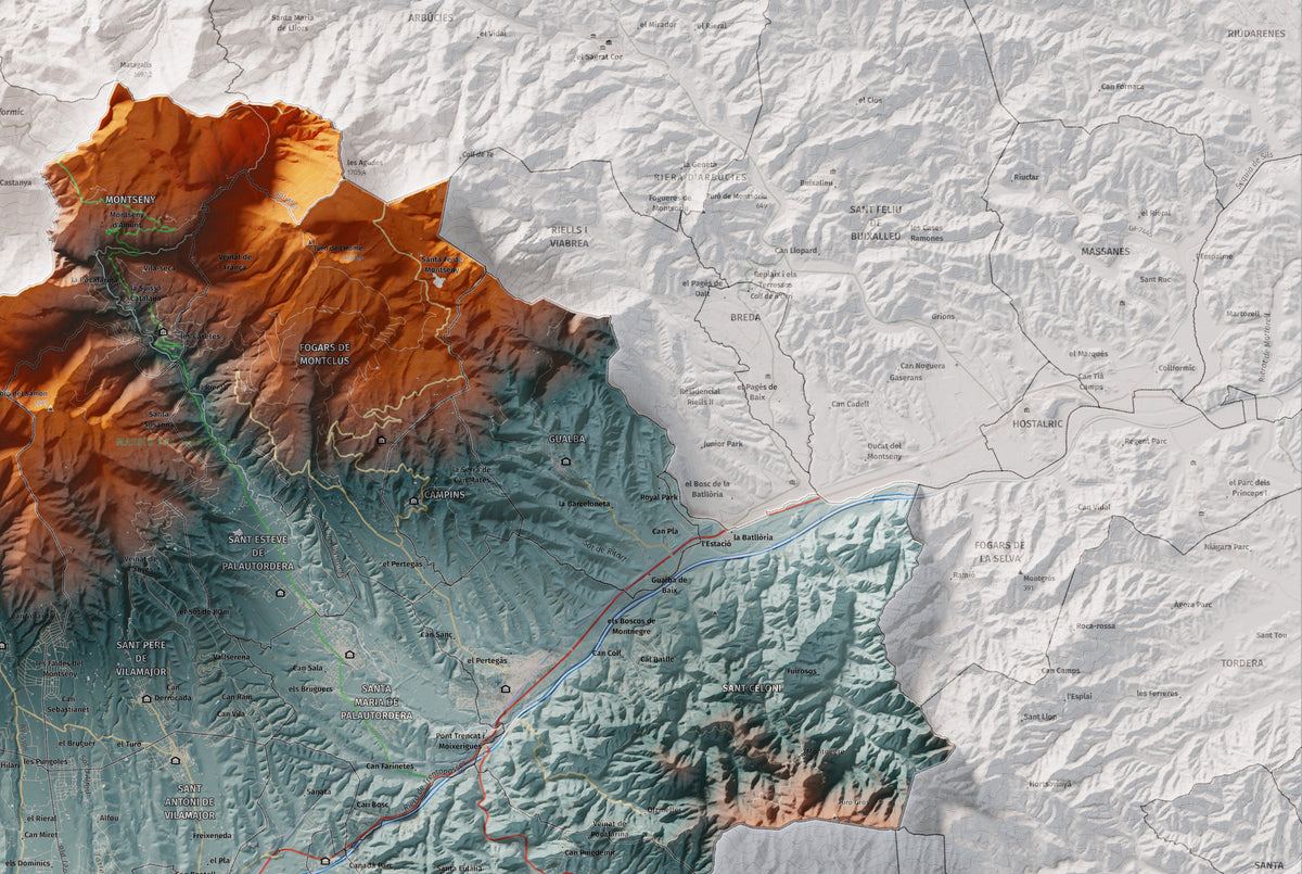 Mapa de relieve del Vallès Oriental, con el territorio en color y el entorno en blanco. Detalle de la zona superior derecha. 61 × 91 cm. Estilo Azul y naranja.