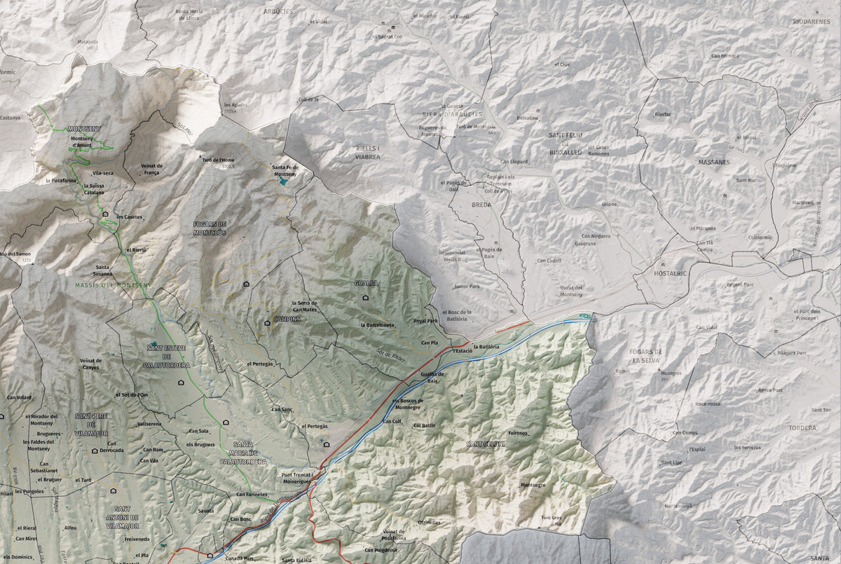 Mapa de relieve del Vallès Oriental, con el territorio en color y el entorno en blanco. Detalle de la zona superior derecha. 61 × 91 cm. Estilo Cartográfico.