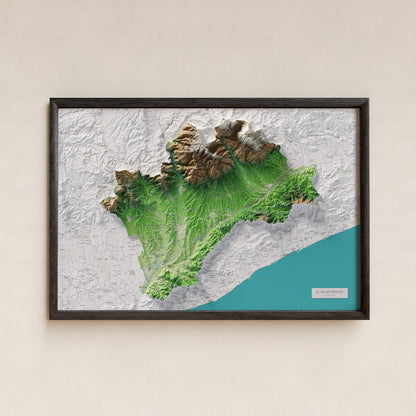 Mapa de relieve del Vallès Oriental, con el territorio en color y el entorno en blanco. Presentación con marco. 61 × 91 cm. Estilo Clásico.