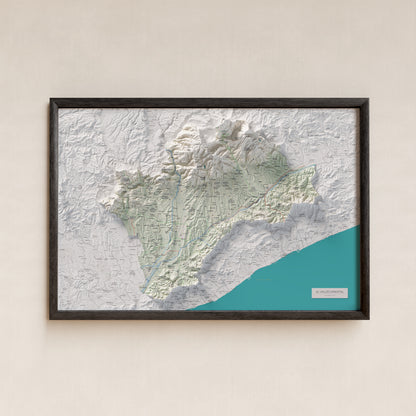 Mapa de relieve del Vallès Oriental, con el territorio en color y el entorno en blanco. Presentación con marco. 61 × 91 cm. Estilo Cartográfico.