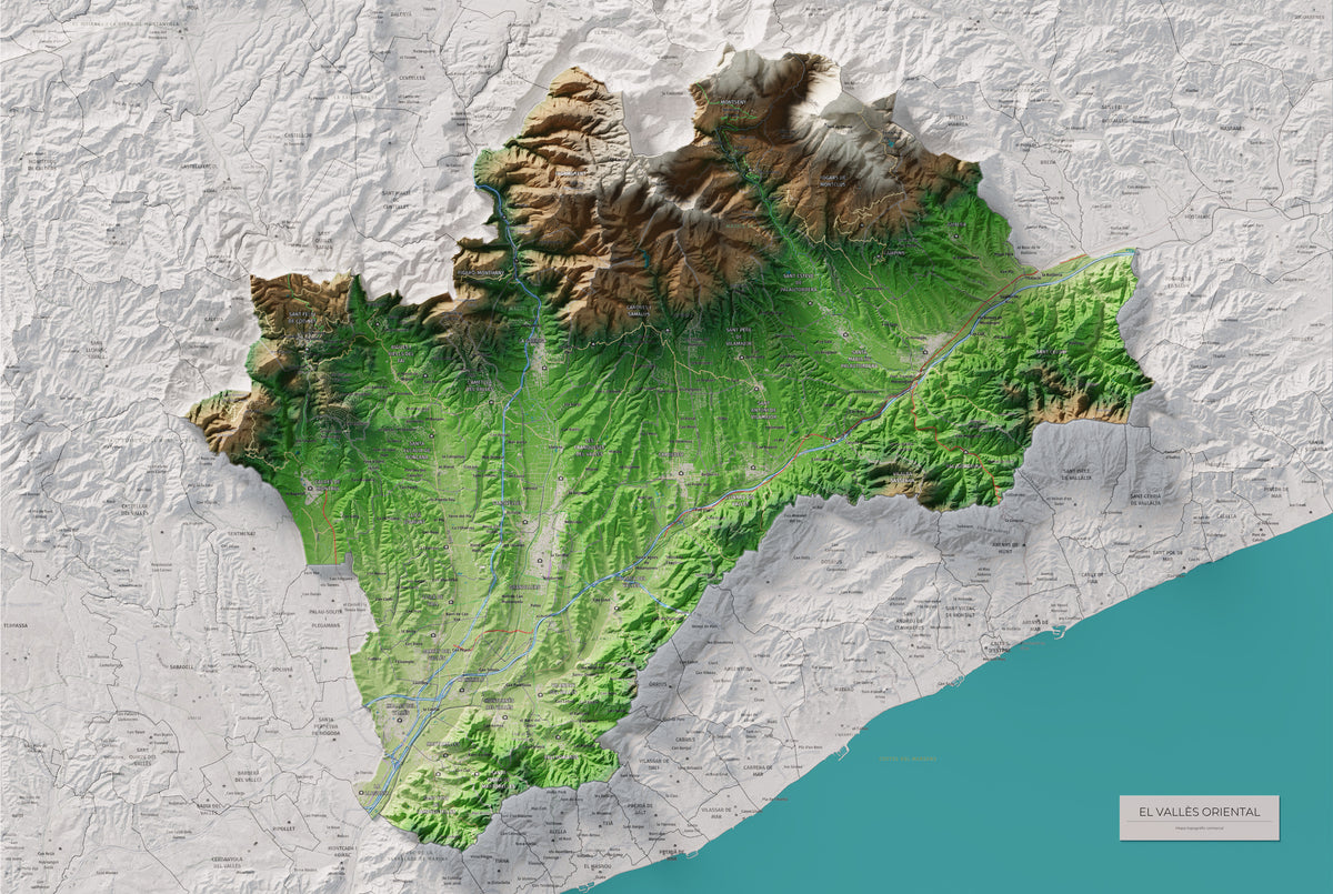 Mapa de relieve del Vallès Oriental, con el territorio en color y el entorno en blanco. Vista completa de la lámina. 61 × 91 cm. Estilo Clásico.