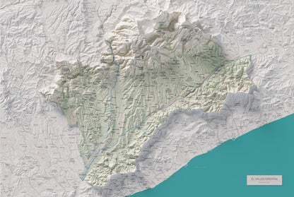 Mapa de relieve del Vallès Oriental, con el territorio en color y el entorno en blanco. Vista completa de la lámina. 61 × 91 cm. Estilo Cartográfico.