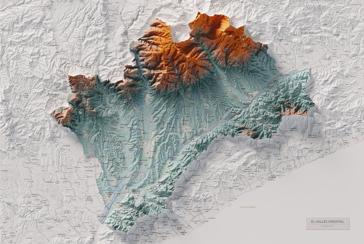 Mapa de relieve del Vallès Oriental, con el territorio en color y el entorno en blanco. Vista completa de la lámina. 61 × 91 cm. Estilo Azul y naranja.