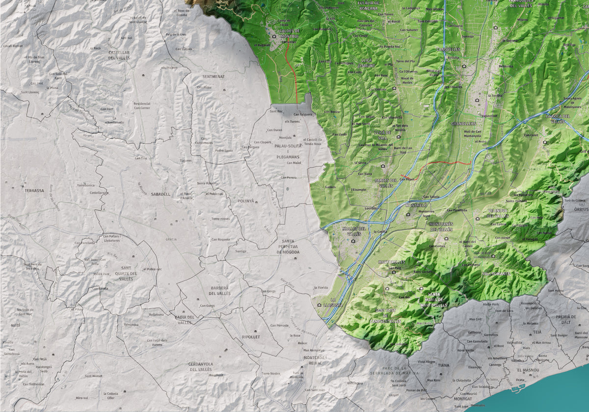 Mapa de relieve del Vallès Oriental, con el territorio en color y el entorno en blanco. Detalle de la zona inferior izquierda. 70 × 100 cm. Estilo Clásico.
