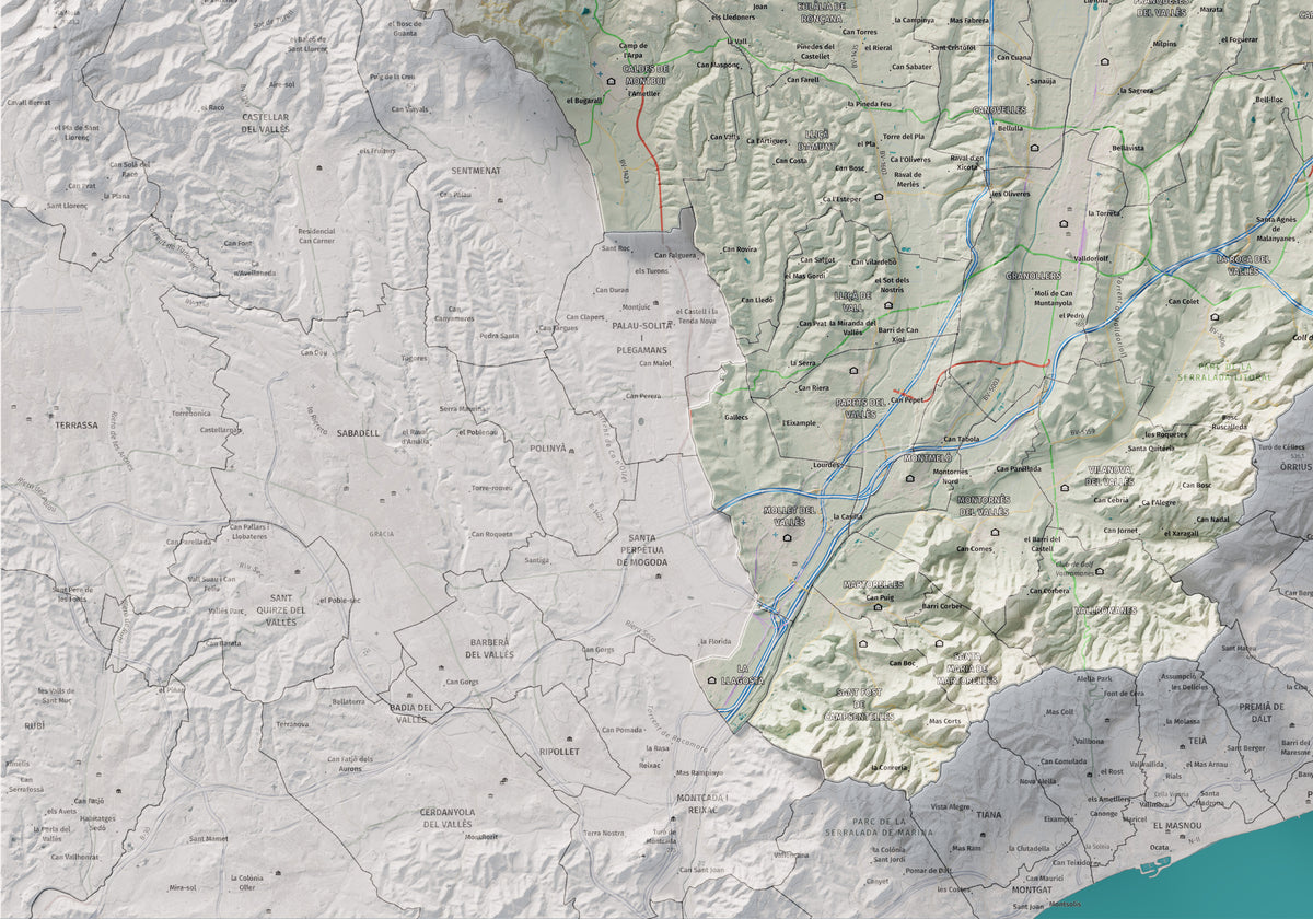 Mapa de relieve del Vallès Oriental, con el territorio en color y el entorno en blanco. Detalle de la zona inferior izquierda. 70 × 100 cm. Estilo Cartográfico.