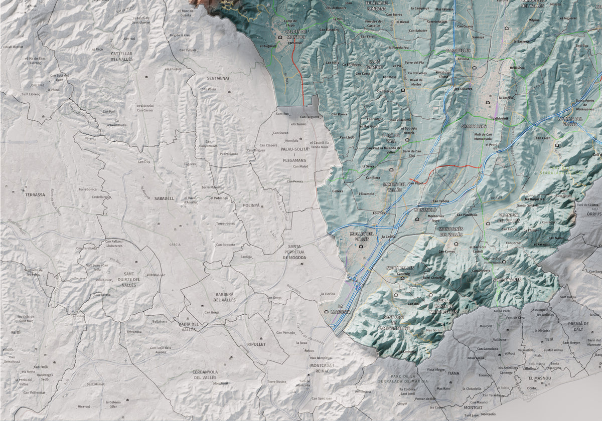 Mapa de relieve del Vallès Oriental, con el territorio en color y el entorno en blanco. Detalle de la zona inferior izquierda. 70 × 100 cm. Estilo Azul y naranja.