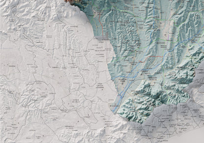Mapa de relieve del Vallès Oriental, con el territorio en color y el entorno en blanco. Detalle de la zona inferior izquierda. 70 × 100 cm. Estilo Azul y naranja.